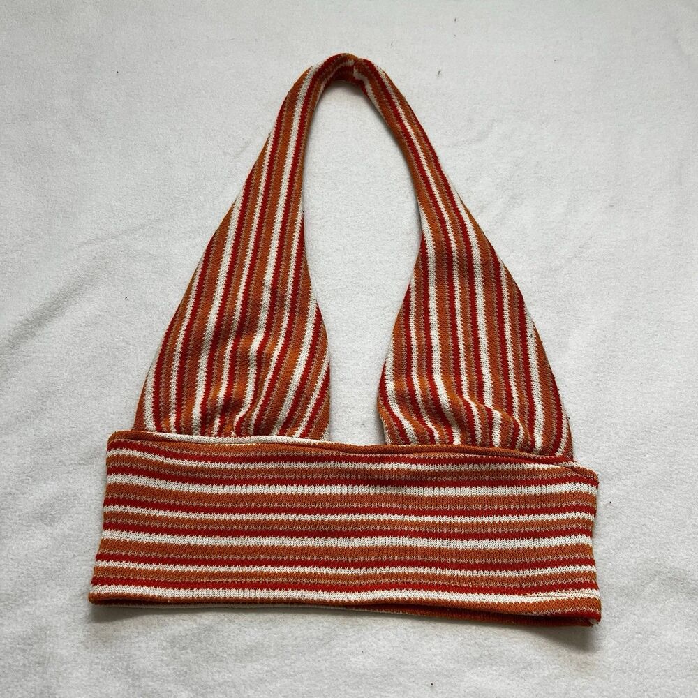 H&M Divided Stripe Halter Knit Crop Top Orange Retro Y2K 70s XS